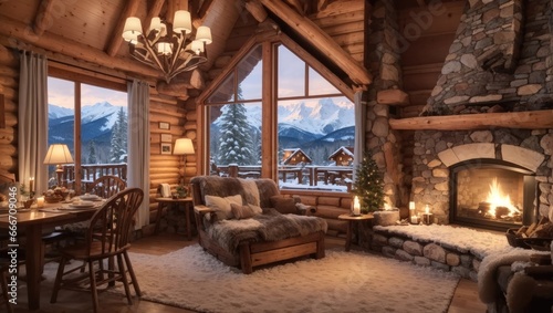 "Winter's Serene Retreat: A Log Cabin Beneath the Alpine Majesty" © MdRifat