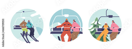 Isolated Round Icons Or Avatars With Skier Characters Ascend A Snowy Mountain Top, Hanging On A Cable Railway