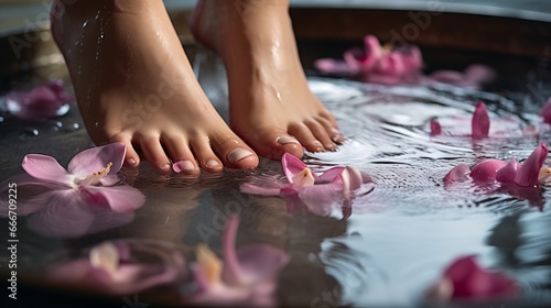 A woman is seen soaking her feet in water with floating petals in a grey bowl at a luxurious beauty spa. A woman's feet are shown during a pedicure procedure at a wellness center. A concept photo