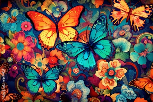 colorful design with butterfly motifs in a vibrant arrangement. Generative AI