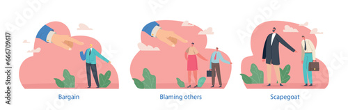 Isolated Vector Elements With Scapegoats In Business. Characters Unfairly Blamed For Problems Or Failures, Vector