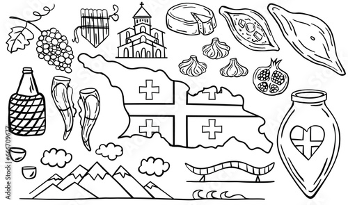 Country Georgia. A set of doodle elements: places, Georgian food, wine, mountains on a white background. Vector illustration. Long banner.