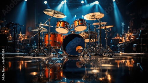Drums and drum set. Beautiful blue and red background, with rays of light. Beautiful special effects of smoke and lighting. Musical instrument. The concept of music. Close-up photo.