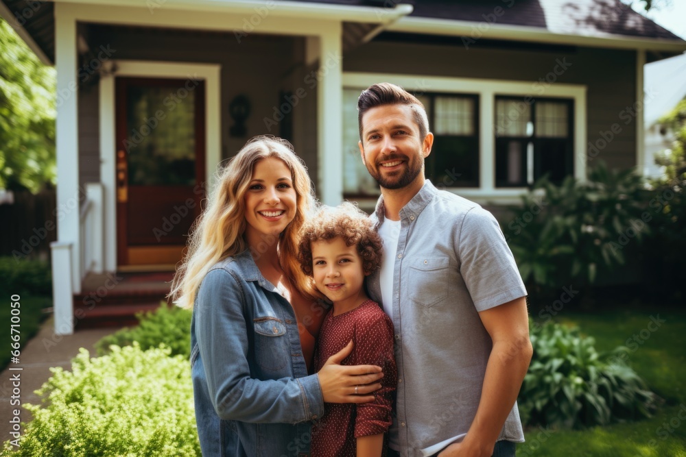 Portrait of a happy young family in front of a house