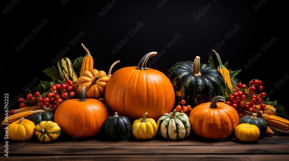 A table with a black background has small pumpkins on it. A table with a black background has small pumpkins on it.