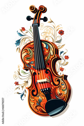 colorful painted floral motif violin vertical on white background