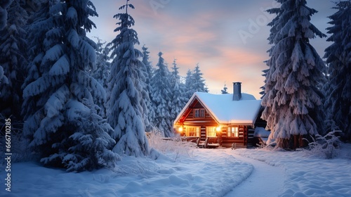 A wonderful winter scene with a glowing wooden cabin in a snowy forest. A cozy house in the Carpathian mountains. A concept for Christmas holidays.
