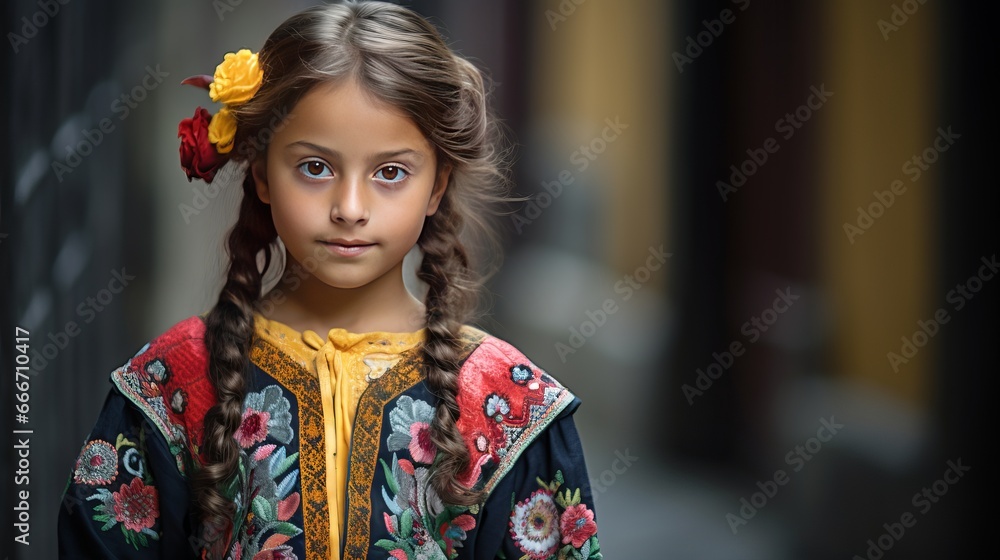 Fototapeta premium A typical dress is worn by an indigenous girl in Antigua Guatemala.