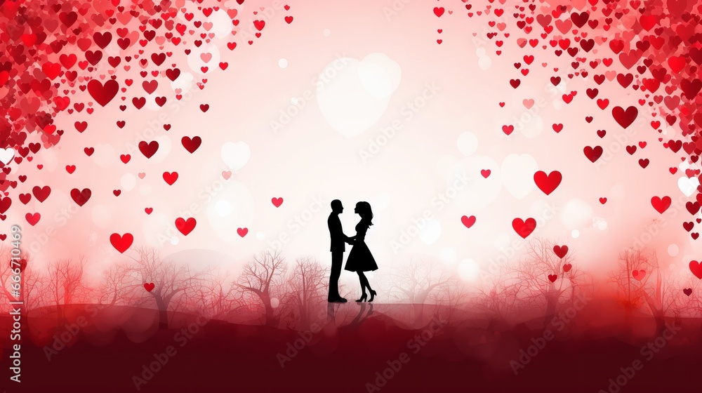 A Valentine's Day banner features silhouettes of people with hearts in a love triangle. It depicts polyamorous relationships and men and women in love. A Valentine's Day banner features silhouettes of people with hearts in a love triangle. It depicts polyamorous relationships and men and women in love.