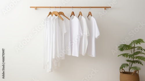 A white wall is where the clothes are hanging on a wooden hanger.