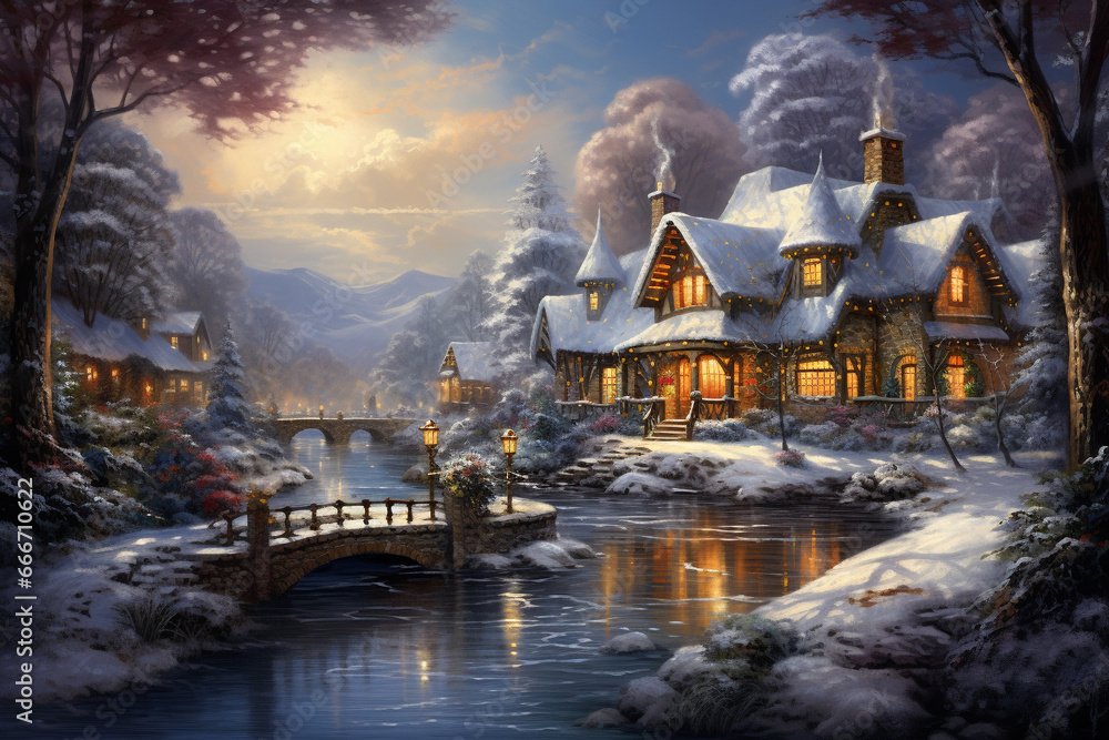 Obraz premium The spirit of winter, featuring a festive holiday landscape adorned with glistening snow, cozy houses aglow with twinkling lights. Ai generated