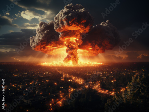 Fantastic landscape, scenery with river, city and nuclear, hydrogen, thermonuclear bomb giant explosion