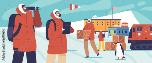Polar Explorers Characters At The Remote Scientific Station Brave Extreme Conditions, Advancing Climate Research