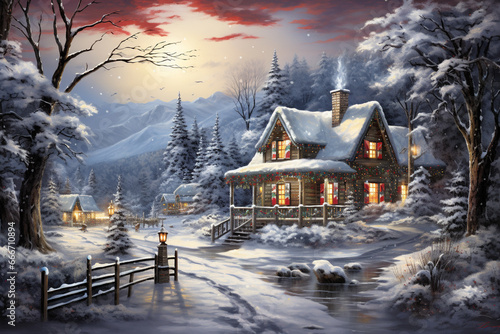 The spirit of winter, featuring a festive holiday landscape adorned with glistening snow, cozy houses aglow with twinkling lights. Ai generated © twindesigner