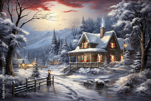 The spirit of winter, featuring a festive holiday landscape adorned with glistening snow, cozy houses aglow with twinkling lights. Ai generated