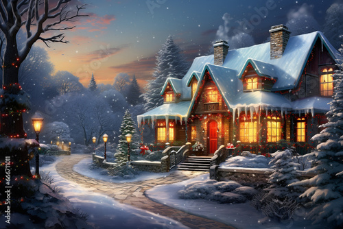 The spirit of winter, featuring a festive holiday landscape adorned with glistening snow, cozy houses aglow with twinkling lights. Ai generated