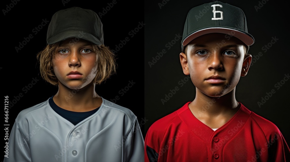 portrait of kids playing baseball. Generative AI portrait of kids playing baseball. Generative AI