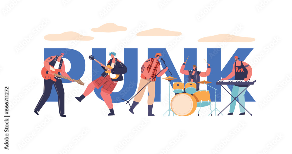 Obraz premium Punk Band Unleashes A Raw, Rebellious Energy On Stage Concept. Piercing Vocals, Frenzied Guitar Riffs, And Drumming