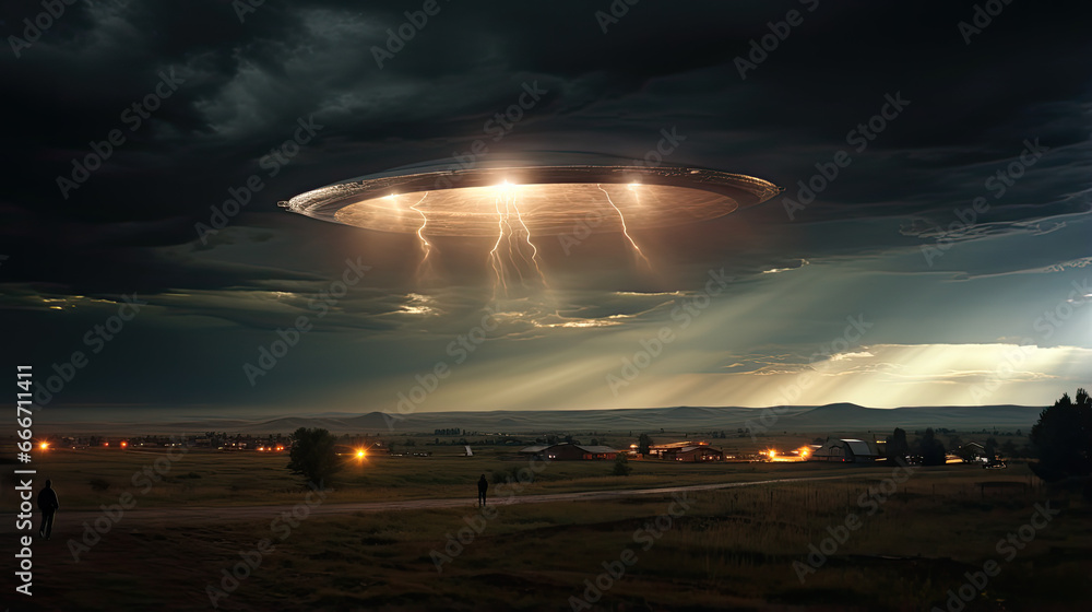 obraz przedstawiający UFO, statek kosmiczny, niezidentyfikowany obiekt latający obcy. - obrazy, fototapety, plakaty 