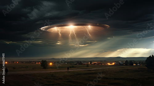 obraz przedstawiający UFO, statek kosmiczny, niezidentyfikowany obiekt latający obcy.