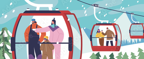 Characters In A Cable Car, Suspended High Above, Enjoy Breathtaking Views, Captivated By The Scenic Beauty, Vector