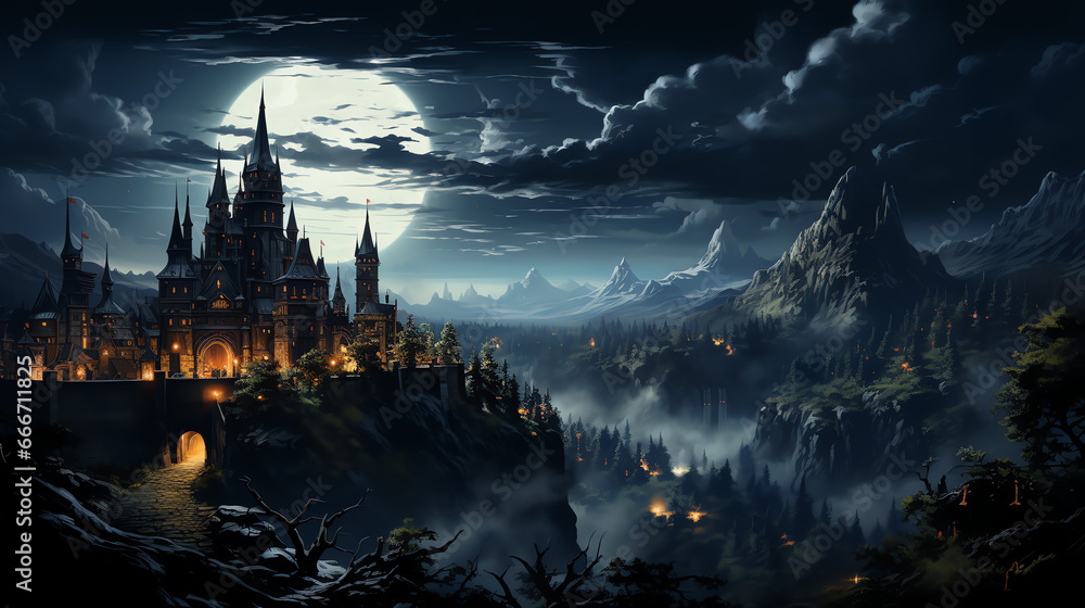 Mystische Burg  und Dorf im Dunkeln mit Vollmond