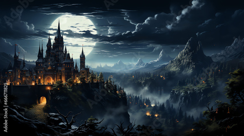 Mystische Burg und Dorf im Dunkeln mit Vollmond