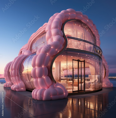 Fantastic house pavilion with pink air ballons all around the perimeter