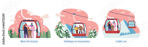 Isolated Elements with Characters In A Cable Car Enjoy Breathtaking Views, Captivated By The Scenic Beauty of Ski Resort