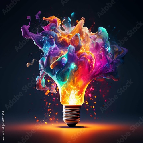 Creative light bulb explodes with colorful paint and colors. New idea, brainstorming concept 