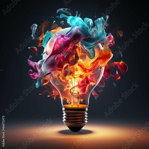 Creative light bulb explodes with colorful paint and colors. New idea, brainstorming concept