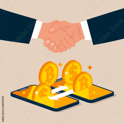 Exchange digital money via smart phone. P2P, peer to peer and fintech. Vector illustration.