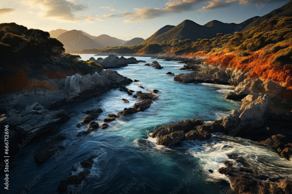 Serene Sunset over Rocky Seaside Horizon. A stunning sunset over a peaceful ocean shoreline with rocky reflections. Serene Sunset over Rocky Seaside Horizon. A stunning sunset over a peaceful ocean shoreline with rocky reflections.