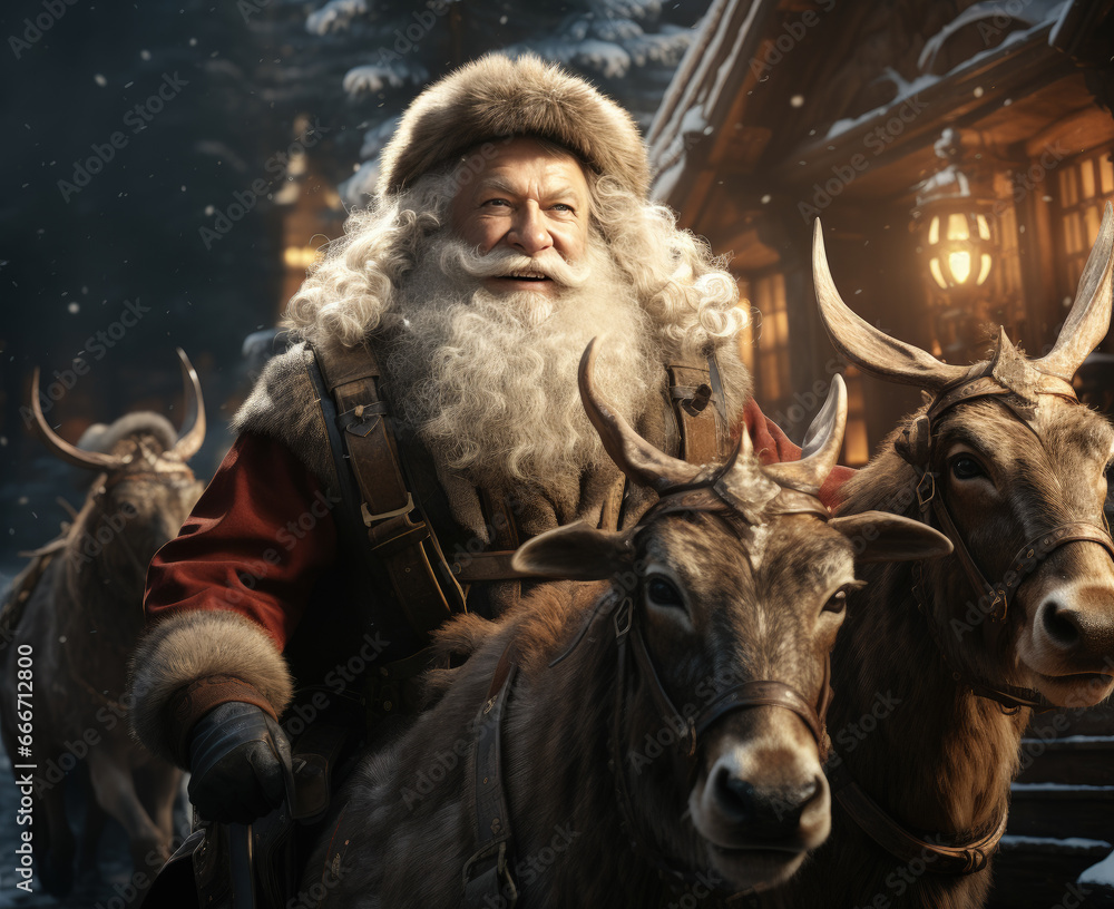 Portrait of gray-haired bearded senior man, santa claus in winter clothing, outwear and hat riding a deer on background of snowy winter night and house with lights