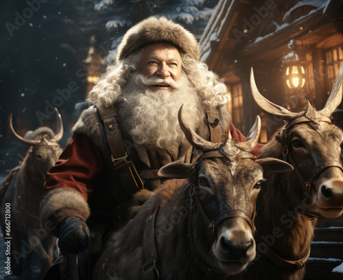 Portrait of gray-haired bearded senior man  santa claus in winter clothing  outwear and hat riding a deer on background of snowy winter night and house with lights