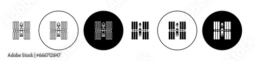 International space station thin line icon set in black and white color