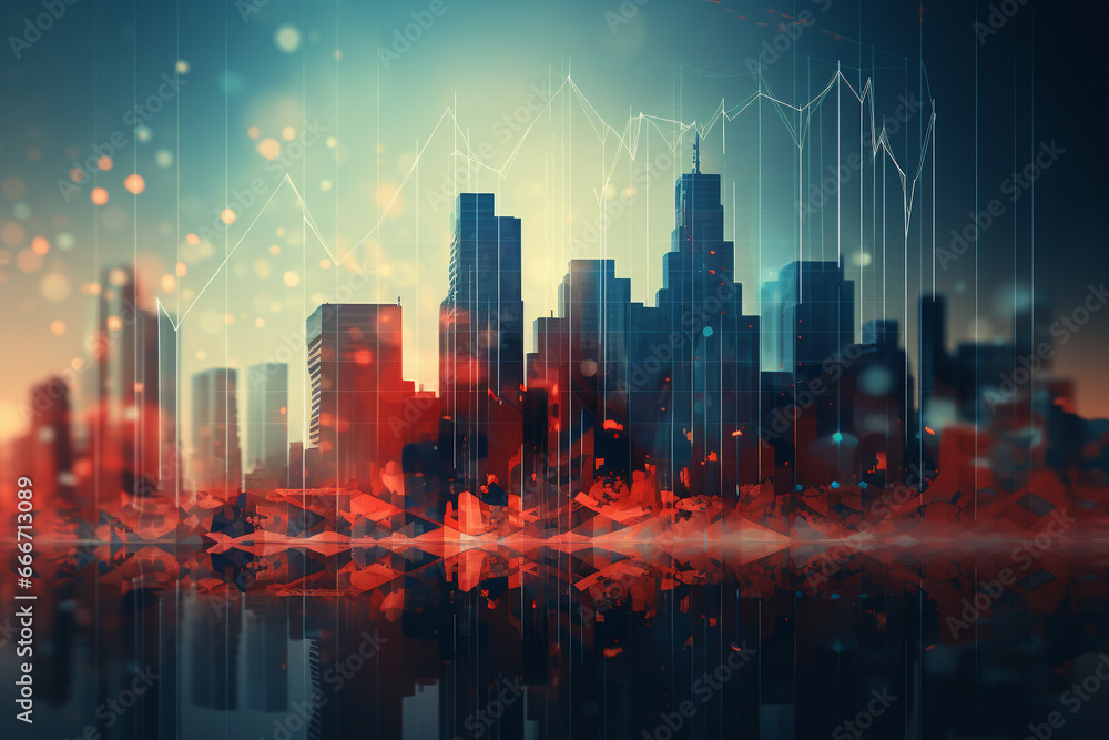 City skyline blended with the dynamic lines of a stock chart graph in a striking red and blue color theme. Ai generated City skyline blended with the dynamic lines of a stock chart graph in a striking red and blue color theme. Ai generated