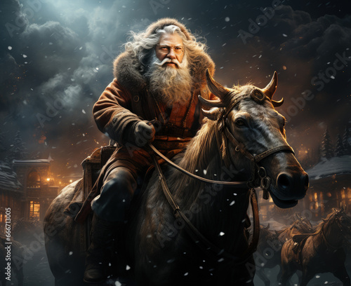 Portrait of gray-haired bearded senior man in winter clothing, outwear and hat riding a horse on background of snowy winter night 