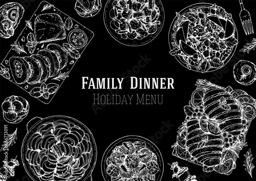 Family dinner. Holiday menu. Food design template. Engraved style background. Food and drink set. Hand drawn sketch, design template.