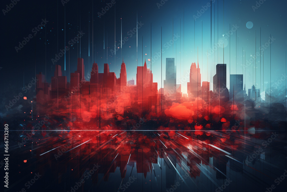 City skyline blended with the dynamic lines of a stock chart graph in a striking red and blue color theme. Ai generated