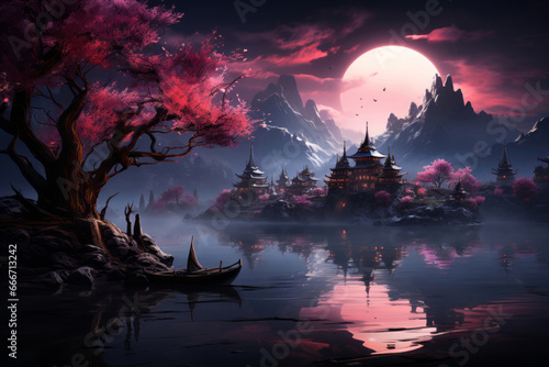 Twilight Reflections: Ancient Temple Amidst Peaceful Scenic Landscape. Ancient temple reflects divine sunset over tranquil waters. (ID: 666713242)