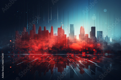 City skyline blended with the dynamic lines of a stock chart graph in a striking red and blue color theme. Ai generated