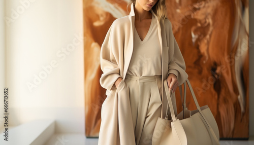Young woman wearing soft beige clothing with tote bag in style of New-Age Minimalism or Quiet Luxury style photo