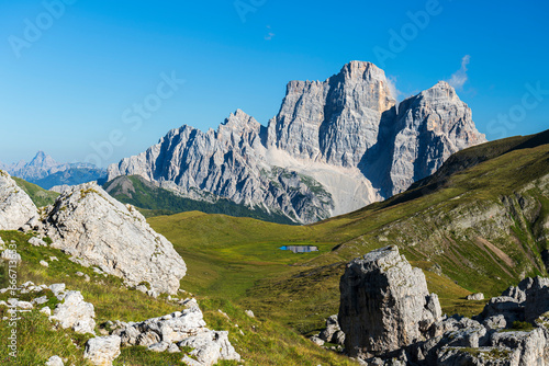 Baste lake and the massif of Pelmo mount, Mondeval, Giau Pass, Dolomites of Belluno, Belluno province, Veneto photo
