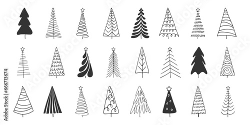 Doodle spruce pine fir tree black line drawn isolated on white. Abstract hand drawn simple Christmas tree collection. Winter holidays symbol. Design element