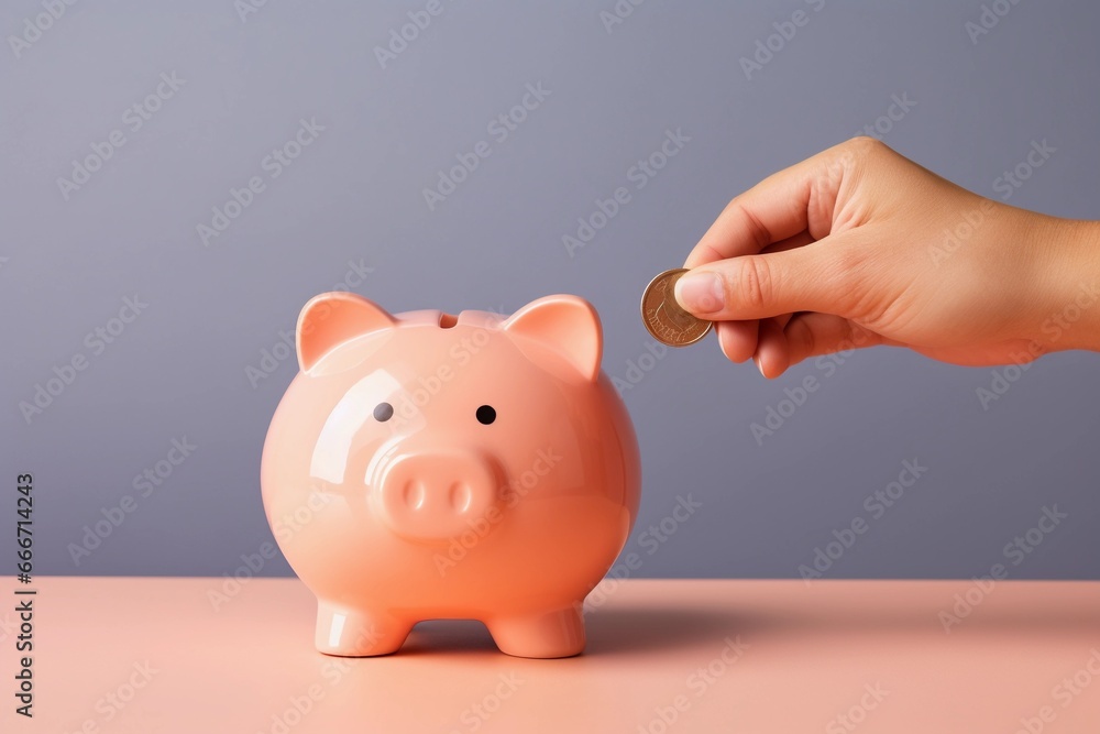 Woman's hand putting a coin in a piggy bank. Money, savings, investment concept.