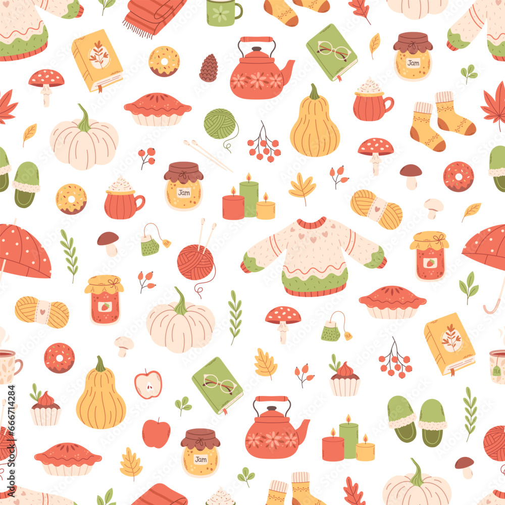 Cute and cozy autumn elements seamless pattern. Autumn plants, food, harvest festival and thanksgiving day attributes. Vector illustration in flat style