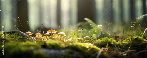 The landscape of green grass, moss and mushrooms in a rainforest with the focus on the setting sun. Soft focus photo