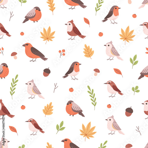 Cute birds and autumn leaves seamless pattern. Vector illustration in flat style