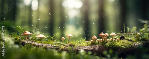 The landscape of green grass, moss and mushrooms in a rainforest with the focus on the setting sun. Soft focus